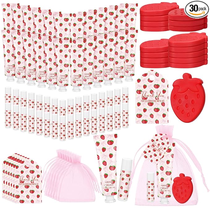 Loopeer 30 Set/150 Pcs Strawberry with Bow Baby Shower Favors for Guests Gifts Hand Cream Lip Balm Soap Party Favors Travel Size with Bags, Thanks You Card for Games Prizes Souvenirs