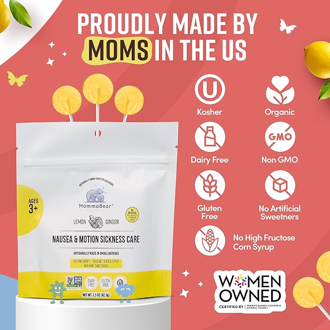MommaBear Nausea & Motion Sickness Lollipops – Non-GMO Lemon & Ginger Candy for Nausea – Organic Lollipops for Kids 3+ & Pregnancy Must Haves to Ease Queasiness – Freshness, Sealed in (5 Pack)