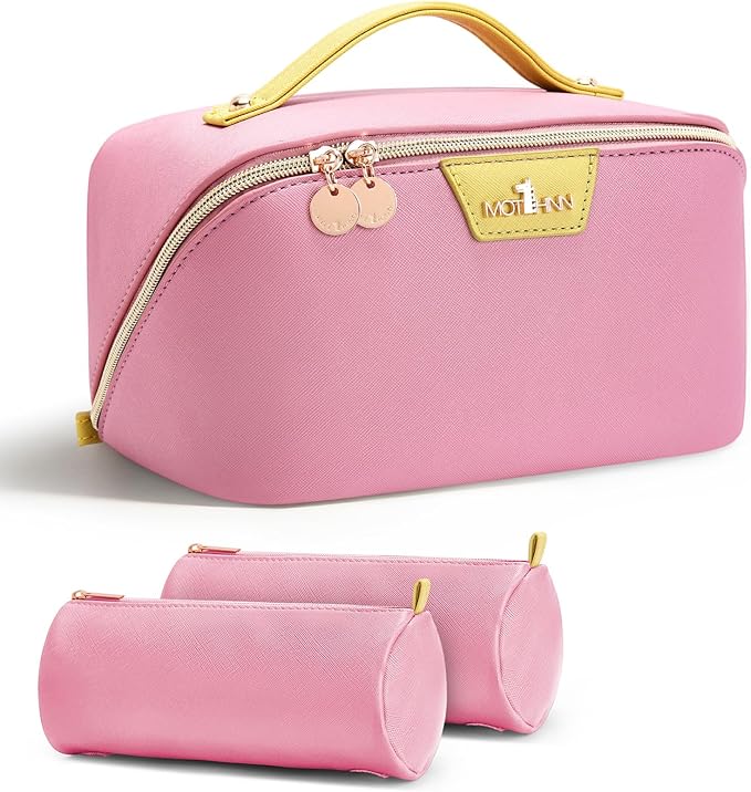 Travel Makeup Bag for Women: 3-in-1 Large Capacity Cosmetics Organizer with 2 Detachable Pouch - Vegan Leather Flat Open Toiletry Bag - Travel Essentials for Full-Sized Bottles(02-Pink)