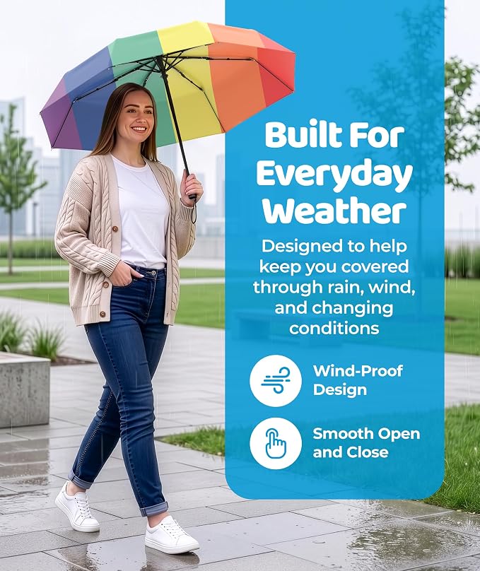 Rain-Mate Windproof Compact Umbrellas for Rain - Strong Reinforced Fiberglass Rib Design & Auto Open & Close - Portable Folding Travel Umbrella - Lightweight & Packable for Women & Men, Easy Collapse