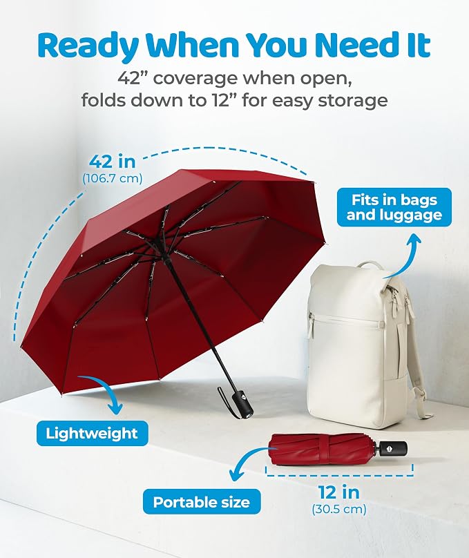 Rain-Mate Windproof Compact Umbrellas for Rain - Strong Reinforced Fiberglass Rib Design & Auto Open & Close - Portable Folding Travel Umbrella - Lightweight & Packable for Women & Men, Easy Collapse