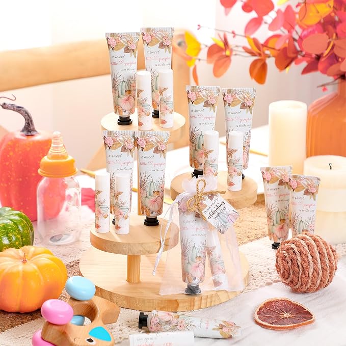 24 Sets Boho Fall Pumpkin Baby Shower Hand Cream and Lip Balm Gifts a Sweet Little Pumpkin Is on the Way Baby Shower Favors Travel Size Hand Lotion and Lip Balm with Organza Bags Tags for Guest