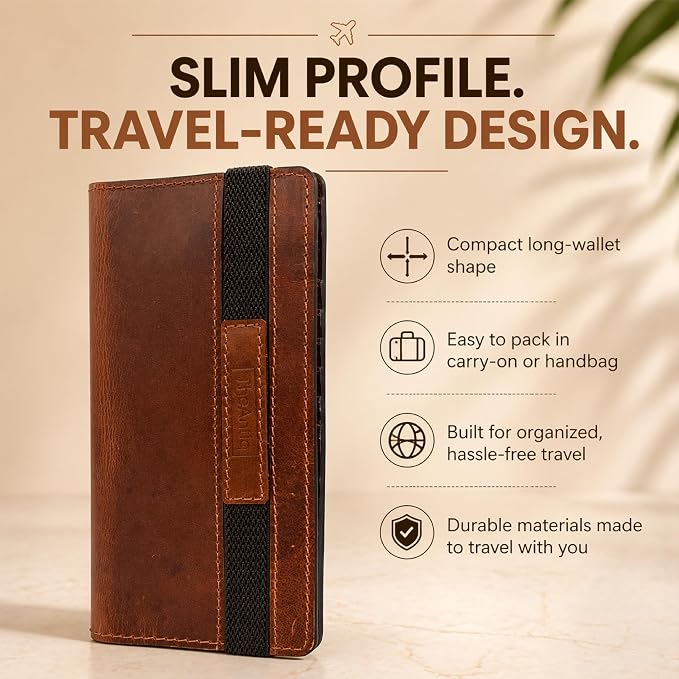 Tan Leather Long Passport Wallet - Travel Document Organizer with Card Slots ID Window Zipper Pocket Slim Passport Holder for Travel & Everyday Use, 5 x 9