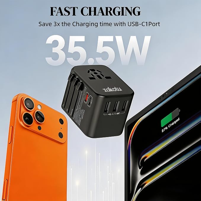 Universal Travel Adapter, 35.5W 5-in-1 Worldwide Power Adapter with PD Fast Charge USB C, 5 Port Compact Charging Hub with AC Outlet for All USB Devices, 110V-230V for 200+ Countries (US/UK/EU/AU)