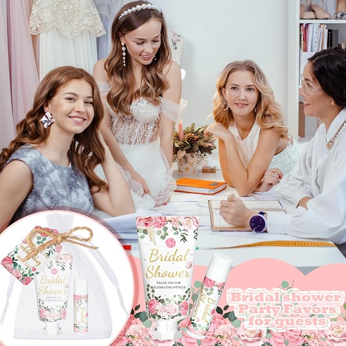 24 Sets Floral Bridal Shower Hand Cream and Lip Balm Gifts Bridal Shower Party Favors Thank You Gifts for Guests Travel Size Hand Lotion and Lip Balm Bulk with Organza Bags and Tags Wedding Supplies