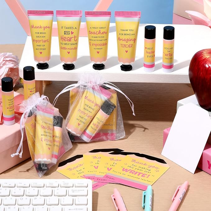 12 Set Teacher Appreciation Gifts for Women Include Hand Cream Lip Balm Bulk Organza Bags Cards Thank You Teacher Gifts for Graduation Back to School First of School End of Year Party Favors