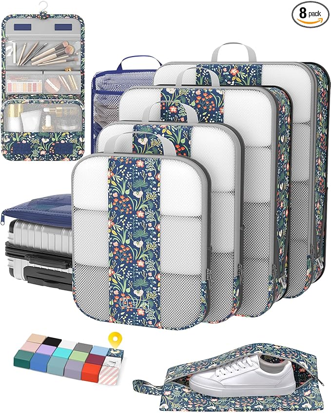 8 Set Compression Packing Cubes for Travel Essentials,Compressible Expandable Packing Cubes for Suitcase,OlarHike Luggage Garment Bags for Travel,Handy Helper for Organizing Clothes(Dark Blue Floral)