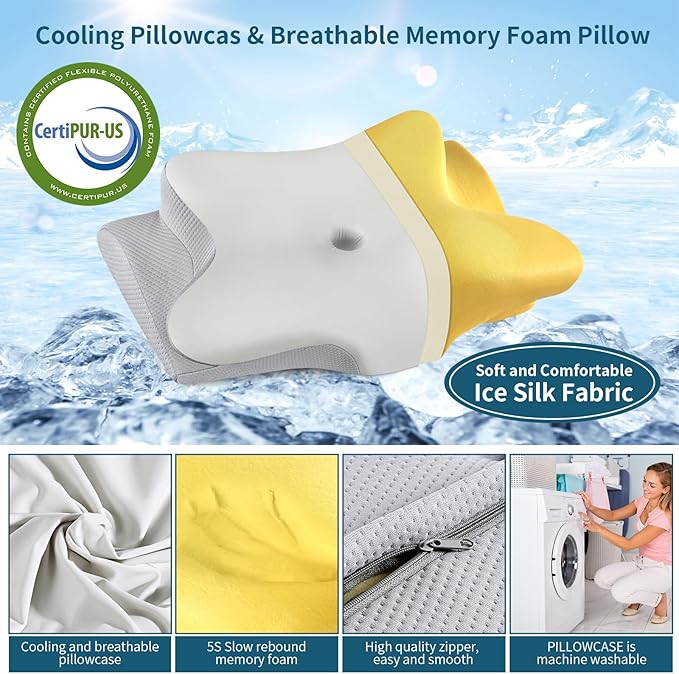 Cervicac了Neck Pillow for Pain Relief - Ergonomic Side Sleeper Pillow for Neck Support, Contour Orthopedic Cervical Pillow for Sleeping, Cooling Memory Foam Pillows for Back Sleepers (Grey)