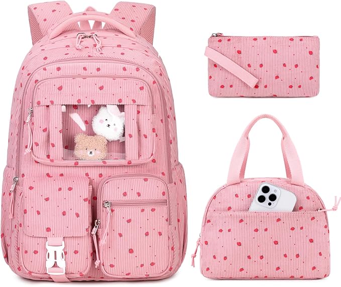 PIG PIG GIRL Corduroy Backpack 3PCS Kids Backpack for Girls School Bags for Middle School Students Book Bag for Elementary Primary Kawaii Ita Backpack with Lunch Box Pencil Case Set, Pink Strawberry
