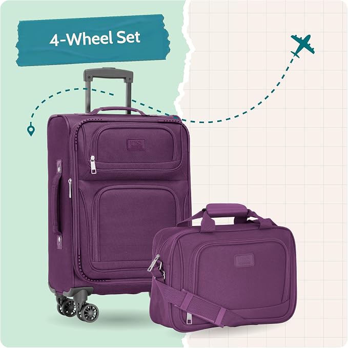 U.S. Traveler Rio Lightweight Softside Rolling Carry-on Suitcase, 4-Wheel Set, Purple