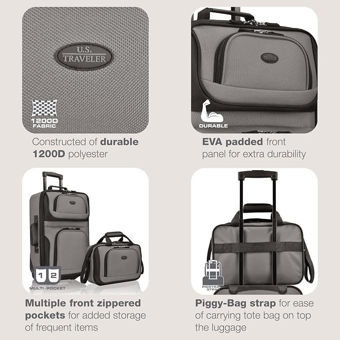 U.S. Traveler Rio Lightweight Softside Rolling Carry-on Suitcase, 2-Wheel Set, Grey