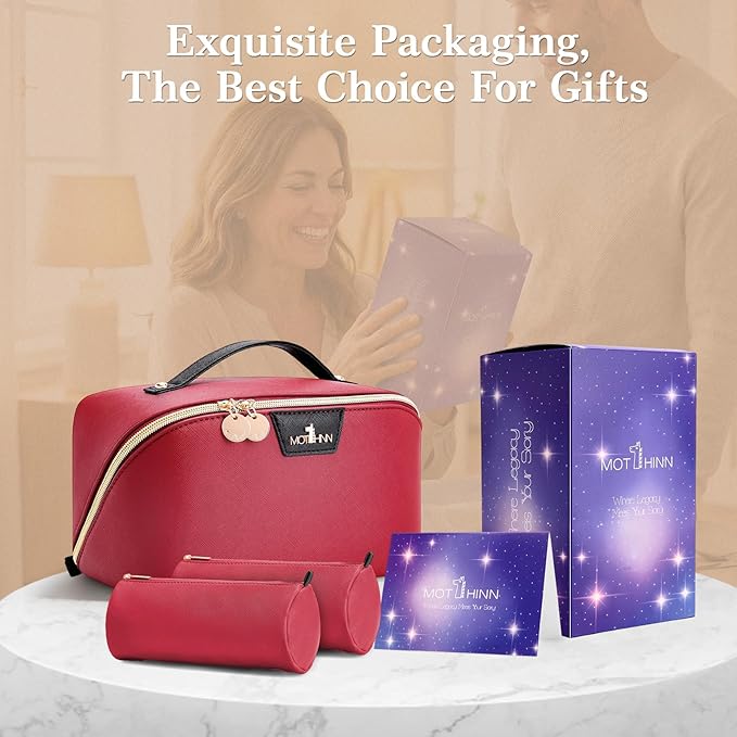 Travel Makeup Bag for Women: 3-in-1 Large Capacity Cosmetics Organizer with 2 Detachable Pouch - Vegan Leather Flat Open Toiletry Bag - Portable Travel Essentials for Full-Sized Bottles(Red)
