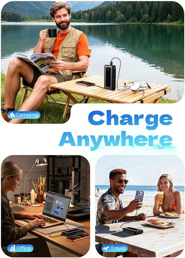Portable Charger Power Bank 50000mAh, Massive Capacity Travel Essential, Built-in USB-C & iOS Cables, AC Wall Plug, 22.5W Fast Charging Battery Pack with LED Display for Camping, iPhone, Samsung