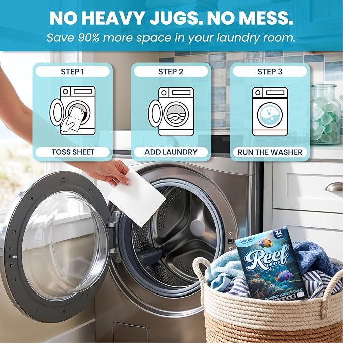 Reef Sheets Laundry Detergent Sheets, 64 loads, Hypoallergenic & Plastic-Free Eco-Friendly Packaging, Gentle on Skin, Tough on Stains, Travel-Friendly, Coastal Calm Linen Scent, 32 ct
