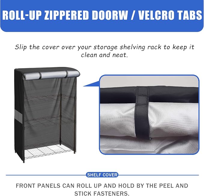 Wire Shelf Cover 36x18x54 600D Waterproof Dustproof Storage Rack Cover | dustproof, black grey splice design, silver inner coating, zipper roll-up door, velcro , reinforced stitching