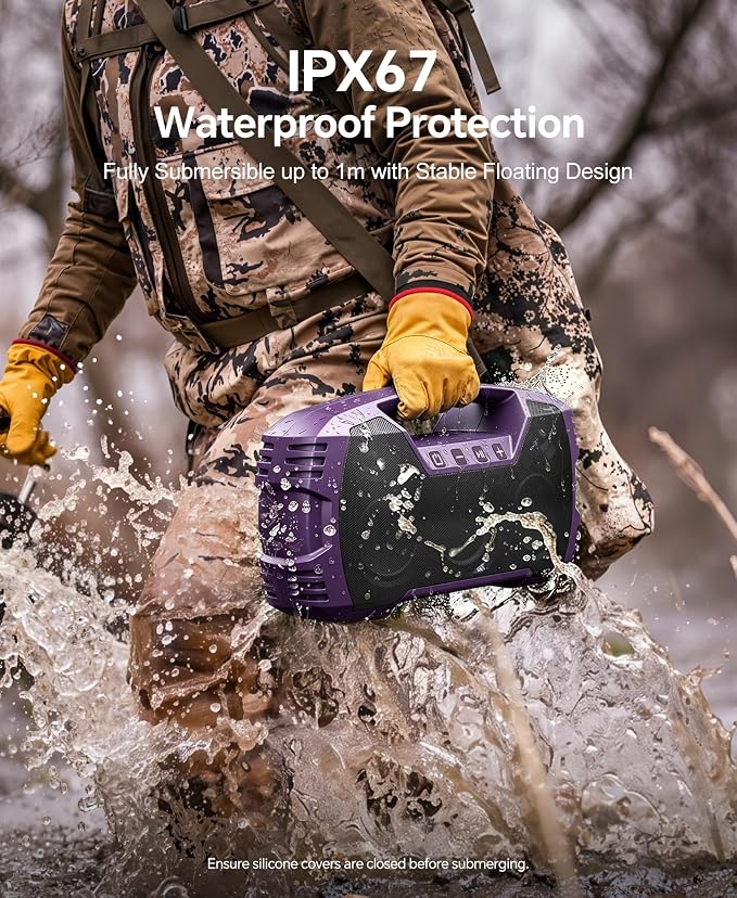 IPX7 Waterproof Outdoor Bluetooth Speaker, Wireless, 90W(Peak), 32H Playtime, Floating Design, Deep Bass & Loud Stereo Sound, Portable with Handle, Rugged for Pool, Beach, Kayaking, Hiking, Purple