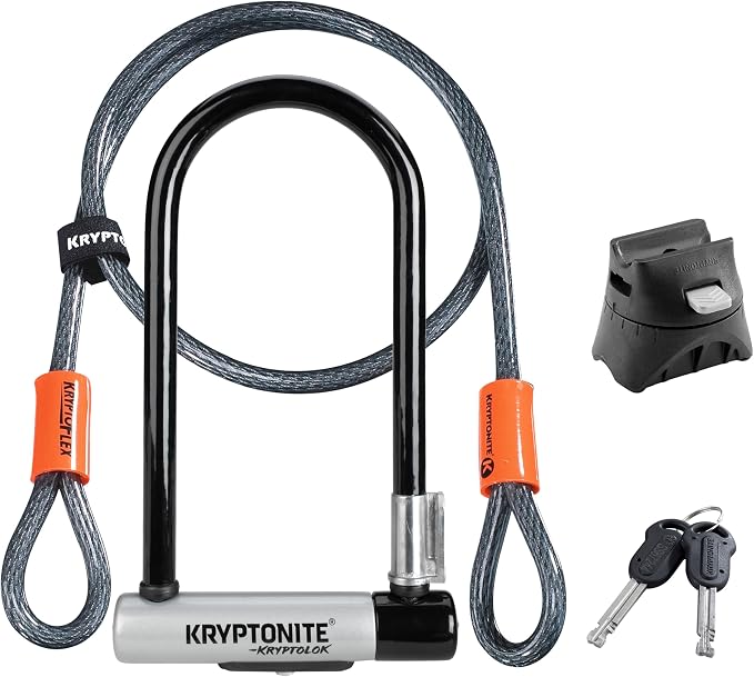 Kryptonite Kryptolok Standard Bike U-Lock with Cable, Heavy Duty Anti-Theft Bicycle U Lock, 12.7mm Shackle and 10mm x 4ft Length Security Cable with Mounting Bracket and Keys | bike-locks