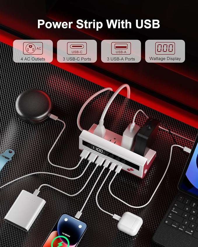 10-in-1 USB Charging Station, 4 Outlets Power Strip with 6 USB, 5 FT Long Extension Cord, 45° Flat Plug, 20W Fast Mulit Charging Station for Home Office Travel Plug Extension Outlet (Red)