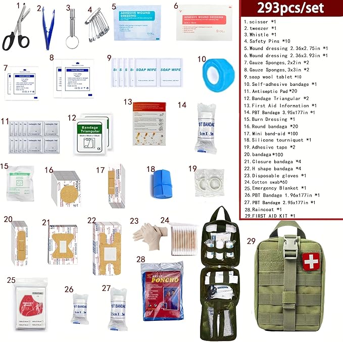293Pcs/set - First Aid Kit Molle Pouches Emergency Survival Kit Suitable for Outdoor Activities, Home, School, Hiking, Car Travel and Camping - Quick Response First Aid Essentials (Olive Green)