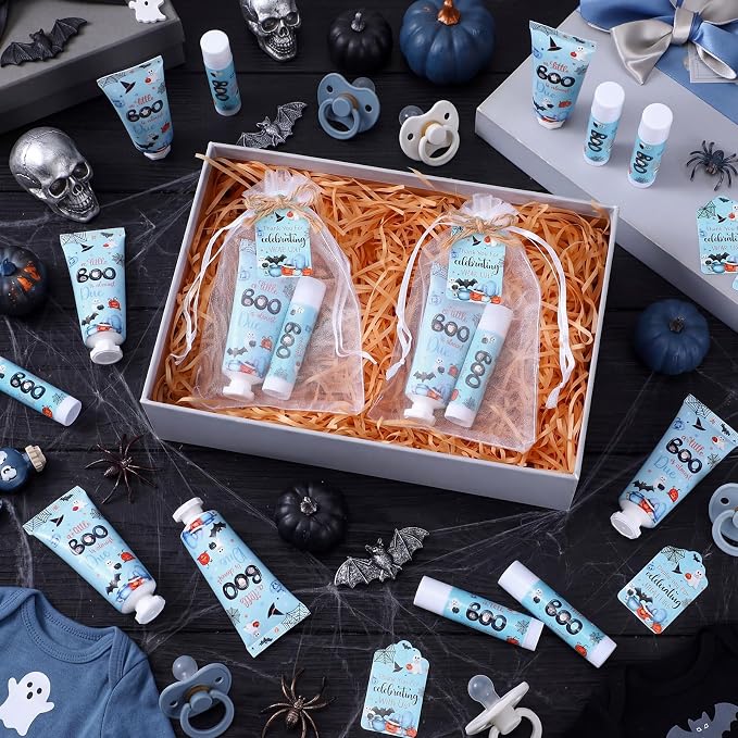 24 Sets Halloween Little Boo Baby Shower Hand Cream and Lip Balm Gift Baby Shower Party Favors Travel Size Hand Lotion Lip Balm Bulk with Organza Bag Tag Halloween Newborn Party for Guests Kids