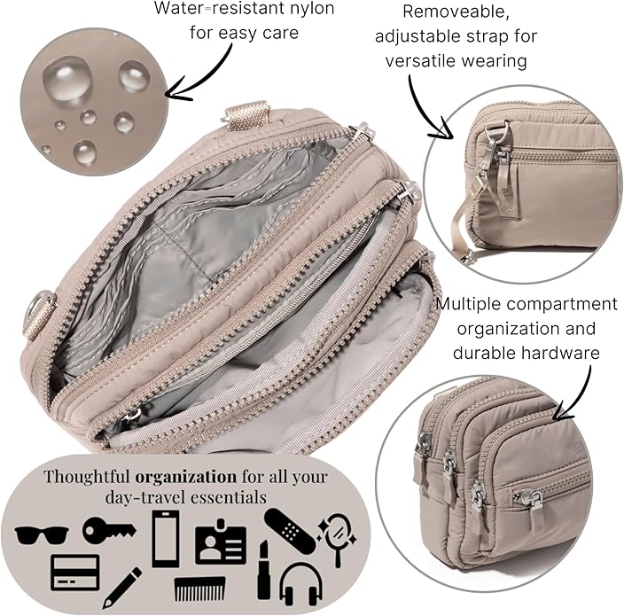 Baggallini Triple Zip Small Crossbody Bag for Women - Lightweight Convertible Fanny Pack Belt Bag