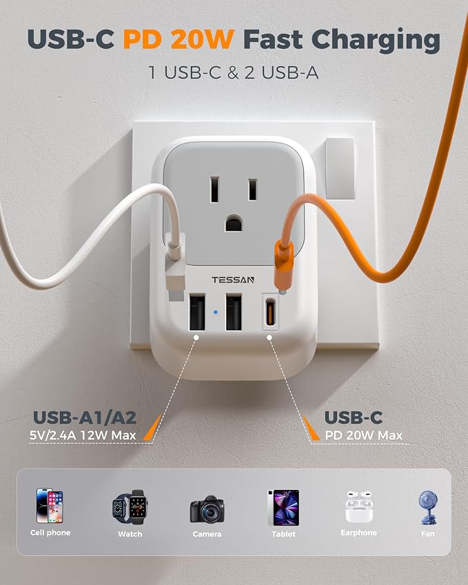 TESSAN UK Adapters for Travel 2 Pack, Type G US to UK Plug Adapter with 4 Outlets 3 USB Charger(1 USB C PD 20W), Power Adaptor for USA to Ireland Scotland Dubai Hong Kong England British Kenya London