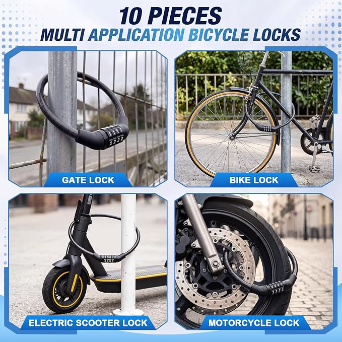 Hotop 2 Feet Bike Lock Cable with Combination, Coiled Preset Bike Lock High Security 4 Digit Bicycle Locks Anti Theft Bikes Accessories Black Bicycle Cable Locks, 5/6 Inch Diameter(10 Pcs)