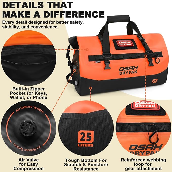 OSAH DRYPAK Waterproof Duffel Bag 25L/40L/60L – Heavy-Duty Motorcycle Tail Bag, Roll-Top Dry Bag for Travel, Camping, Boating, Kayaking, Outdoor Adventure