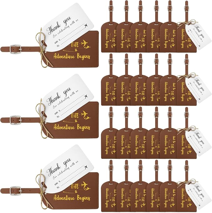 Sweetude 48 Sets Bulk Luggage Tags Wedding Favors and So The Adventure Begins Leather Luggage Tags for Suitcases with Name Card for Travel Themed Bridal Shower Graduation Party Favor(Yellow Brown)