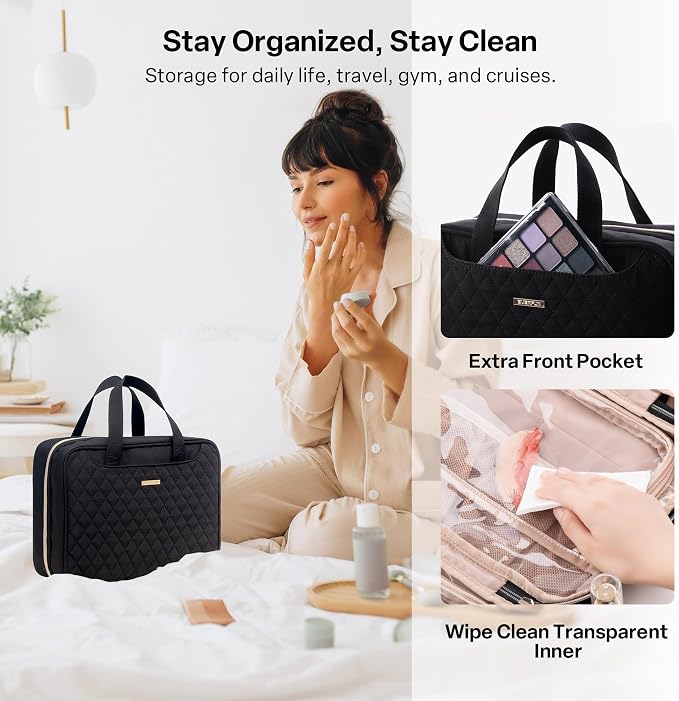 Everfun Travel Toiletry Bag with Hanging Hook and Leakproof Wet/Dry Compartments, Large Capacity Makeup Cosmetic Organizer for Women, 12x9x4.5 Inch, Black
