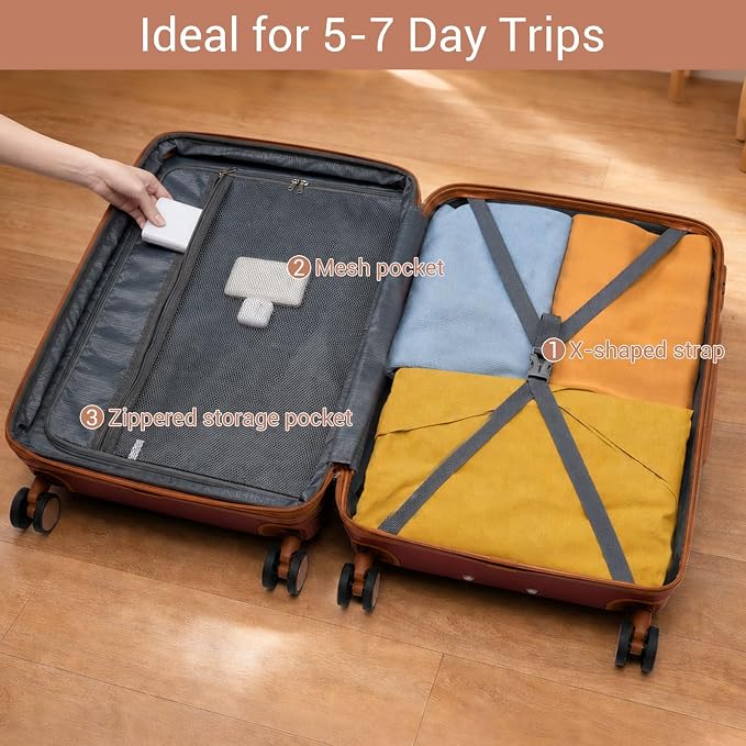 Kono Expandable 20 Inch Carry On Suitcase Airline Approved, Lightweight ABS+PC Hardshell Luggage with 360° Silent Spinner Wheels, Burgundy/Brown