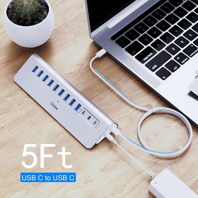 Powered USB Hub 10Gbps, intpw 12-Port USB 3.2 Hub with USB A/USB C 3.2, 7 USB 3.0, 2 PD 45W Charging Port, 65W Power Adapter and 5FT Cable, Aluminum USB Hub for Laptop, iPhone 17/16/15/PC