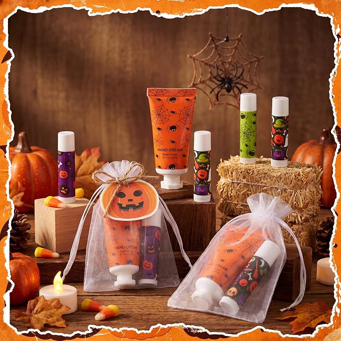 144 Pcs Halloween Lip Balms Hand Cream Sets Halloween Party Supplies Including 36 Ghost Pumpkin Lip Balm and Spider Moisturizing Hand Cream 36 Organza Bags Cards and Ropes for Thank You Gifts