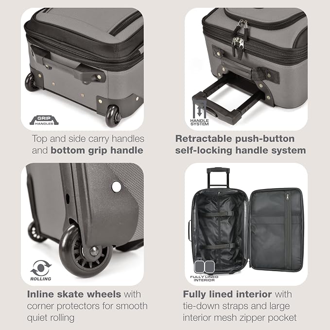 U.S. Traveler Rio Lightweight Softside Rolling Carry-on Suitcase, 2-Wheel Single, Grey