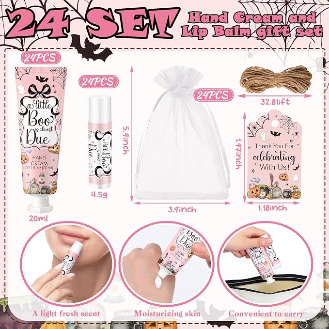 24 Sets Halloween Little Boo Baby Shower Hand Cream and Lip Balm Gift Halloween Coquette Baby Shower Party Favors Travel Size Hand Lotion Lip Balm Bulk Halloweens Newborn Party for Guest Kids