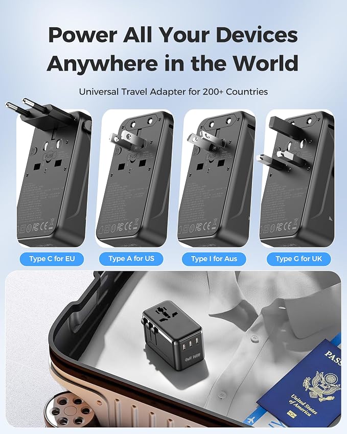 JMFONE 140W GaN Universal Travel Adapter with 2500W AC Outlet, International Power Adapter for Europe UK US AU, 3 USB-C & USB-A Fast Charger for MacBook, iPhone, Laptop and More in 200+ Countries