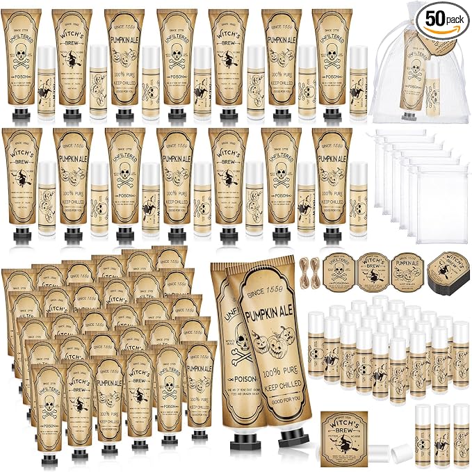 50 Sets Halloween Hand Cream and Lip Balm Gifts Bulk Spooky Skull Halloween Party Favors Vintage Apothecary Boo Basket Goodie Bag Stuffers for Women Adults with Tags & Organza Bags