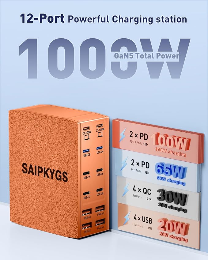 USB Charging Station (1000W),12-Port USB C Charger Block with Dual 100W PD USB-C Fast Charging Station Hub for MacBook Pro/Air/All iPad Phone 17/16 15/14/13/Pro Max/Samsung Galaxy Note(Orange)