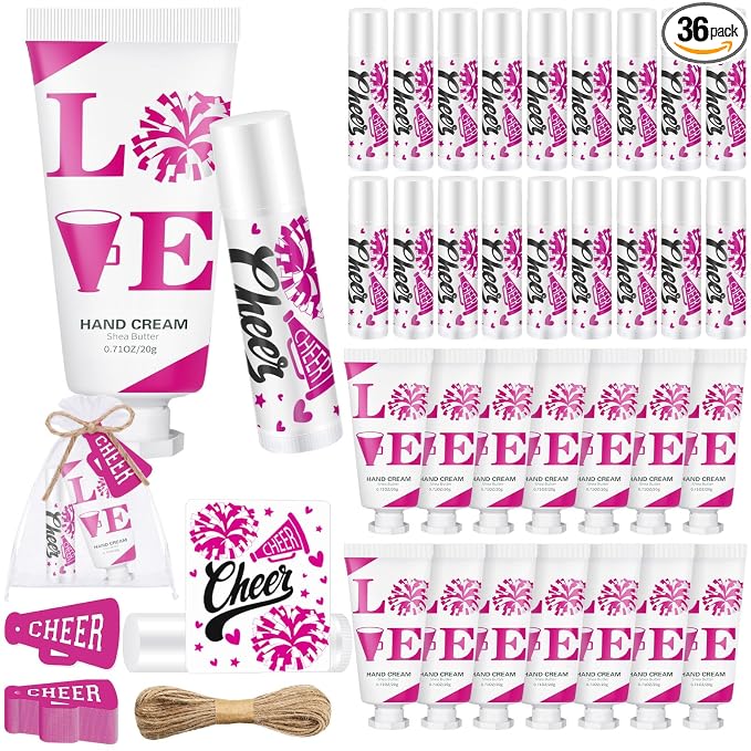 144 Pcs Cheerleading Lip Balms Hand Cream Sets Pink Cheerleading Party Supplies Including 36 Lip Balm and Moisturizing Hand Cream 36 Organza Bags Cards and Ropes for Team Thank You Gifts