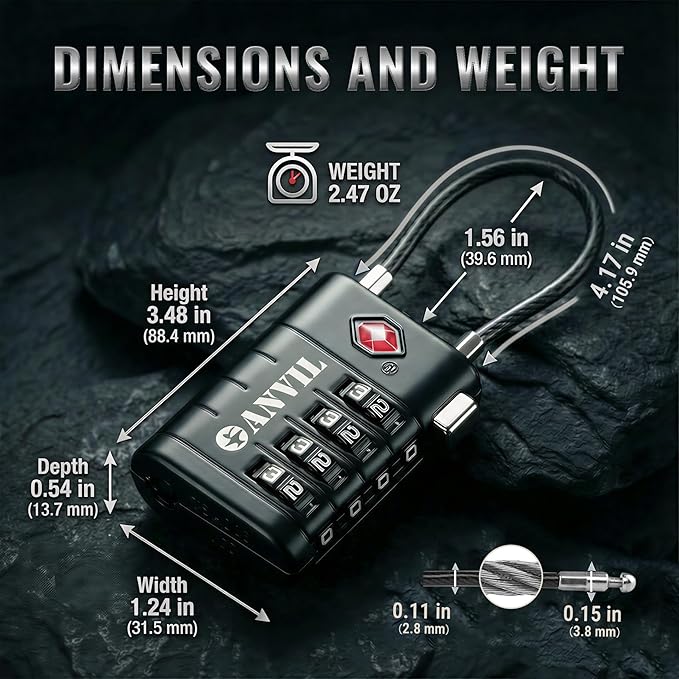 ANVIL TSA Approved Luggage Locks with Search Alert Indicator, 4-Digit Combination Suitcase Lock, Advanced TSA008 Core Heavy Duty Anti-Theft Travel Lock for Double Zippers, Backpacks
