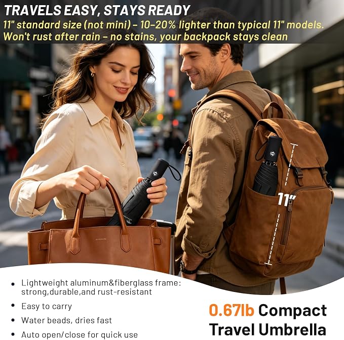 SY COMPACT Travel Umbrella - Windproof Automatic Compact Umbrella for Rain, Lightest 8-Rib, Small, Strong & Portable, Durable Grip, Fits Backpack & Car, Factory Direct (UV Available)