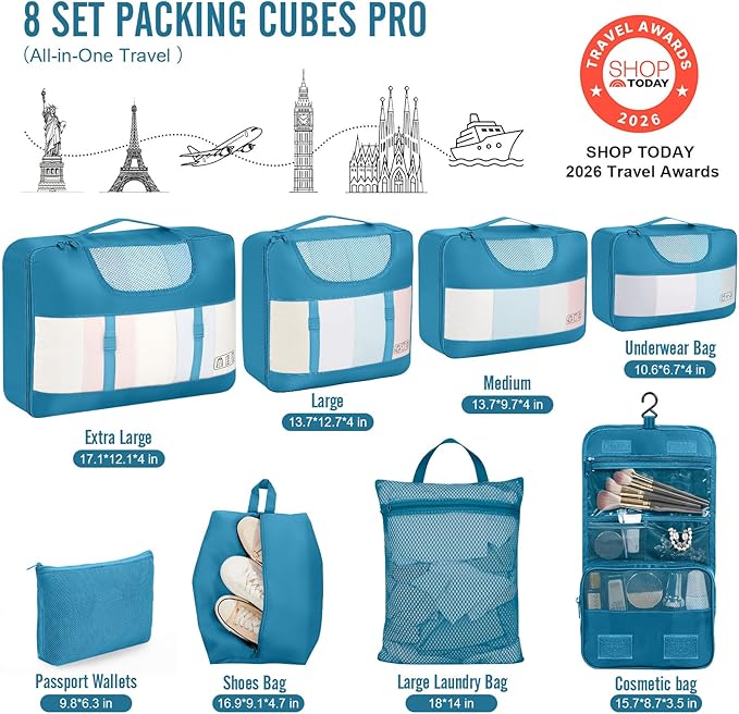 Veken 8 Set Packing Cubes for Travel Essentials, Suitcase Organizer Bags in 4 Sizes, Carry-On Luggage Accessories with Large Laundry Bag & Passport Holder, Must-Have for Airplane, Road Trip & Camping