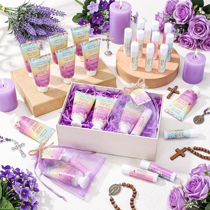 24 Sets Christian Graduation Gifts Hand Cream and Lip Balm Bulk Teacher Appreciation Gifts Bible Verse Thank You Cards with Organza Bag for Graduation Supplies(Flower)