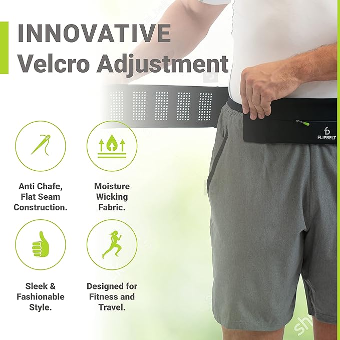FlipBelt Adjustable Running Belt, Fitness and Running Fanny Pack for Women and Men, Non Chafing Waist Band Pack for Phone Keys Money, Moisture Wicking Storage Belt, USA Company