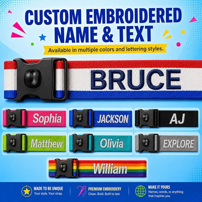 Personalized Luggage Strap with Safety Locking Buckle,8 Pcs Custom Embroidered Names & Text, Adjustable Travel Belt for Suitcases, Prevents Accidental Opening, Ideal for Travel & Gifts(8)