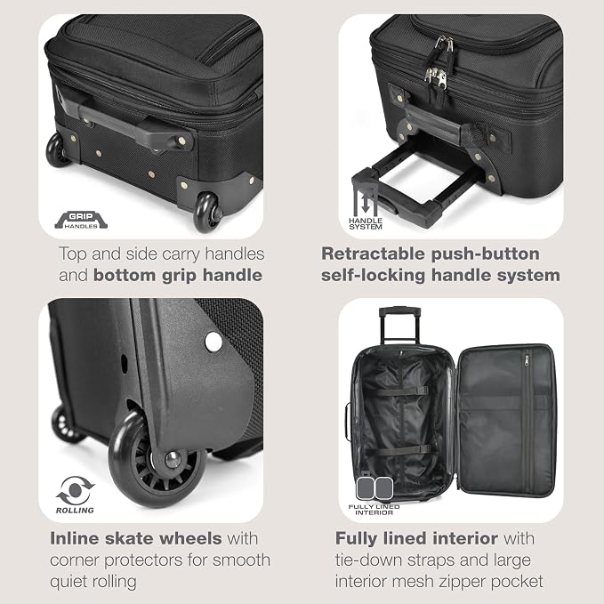 U.S. Traveler Rio Lightweight Softside Rolling Carry-on Suitcase, 2-Wheel Set, Black