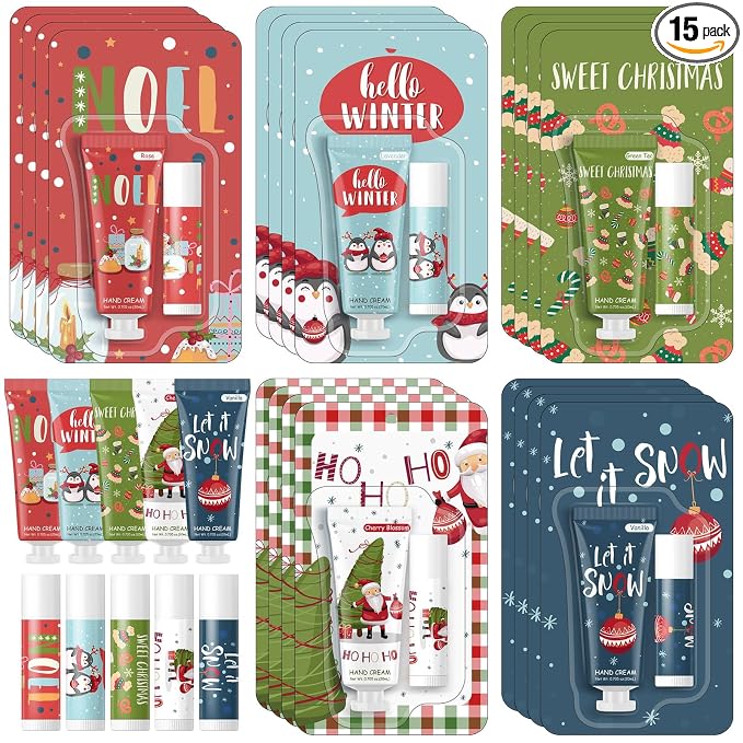 15 Pcs Christmas Hand Cream and Lip Balm Gift Sets, Christmas Stocking Stuffers Travel Size Hand Lotion Lip Balm Xmas Party Holiday Gifts for Women Mom Staff Coworkers Adult Girls