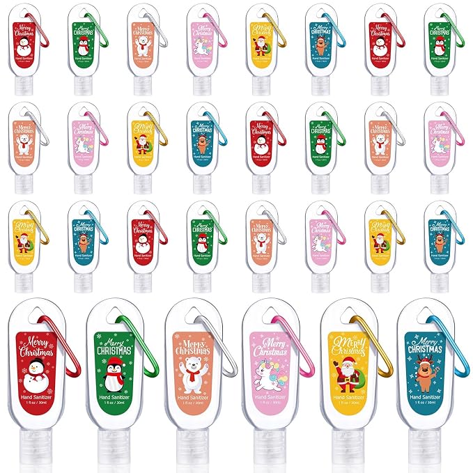 24 Packs Christmas Hand Sanitizers with Keychains Bulk 1 oz Mini Travel Size Hand Sanitizer Keychains Gifts Set Christmas Party Favors Stocking Stuffers for Women Coworkers Friend Family