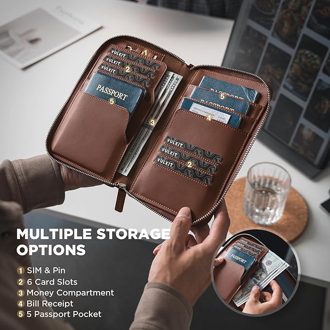 VULKIT Family Passport Holder for 4 Passports - RFID Blocking Travel Wallet Holds Up to 5, Organizer with 4 Slots for Cards & SIM, Secure Zipper Closure, Family Travel Essentials (Espresso)
