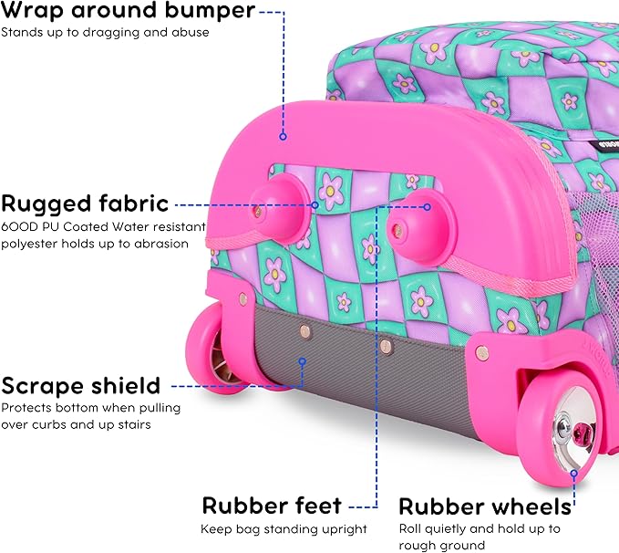 J World Sunrise Kids Rolling Backpack for Girls Boys. Roller Bookbag With Wheels For School, Puffy Flower
